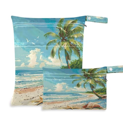 ATTX Palm Tree Wet Dry Bags 2-Pack - Reusable Cloth Diaper Storage for Travel, Beach & Gym | Multi-Use Waterproof Bags for Swimsuits, Baby Clothes, Sports Gear#412