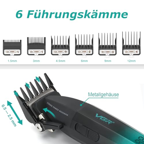 VGR Professioneller Haarschneider Set für Herren Barber Kit Haarschneidemaschine Haartrimme Pflegeset 9000 U/min Zero Gap T-Klinge Trimmer Kabelloses Haarschneide-Set mit 9 Führungskämmen