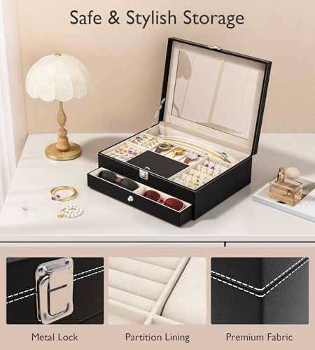 Image of NEWLOOP Jewelry Sunglasses Organizer for Women - 2 Layer Storage Box with 10 Eyeglass Slots 3 Watch Holders Necklace and Earring Compartments Velvet Lined Jewelry Box Eyeglass Box Watch Box Display