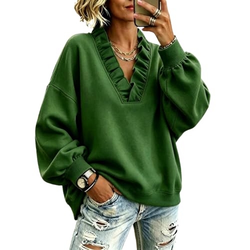 Elneeya V Neck Sweatshirt Women Oversized Ruffled Retro Fall Sweatshirt - image 1