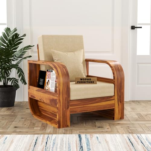 Image of Sheesham Wooden 1 Seater Sofa for Living Room | Solid Wood Sofa | Rosewood Sofa Set for Home & Office | Lounge (Honey,Beige, 1 Seater)