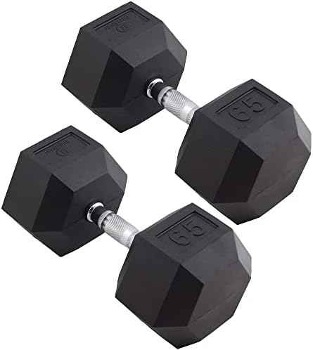 Body Sport Rubber Encased Hex Dumbbell - Set of Two - Black/Metal - 65 Pounds