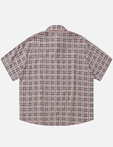 Aelfric Eden Cut-Out Heart Short Sleeve Shirt Collar Button Down Plaid Casual Tshirt Tops2