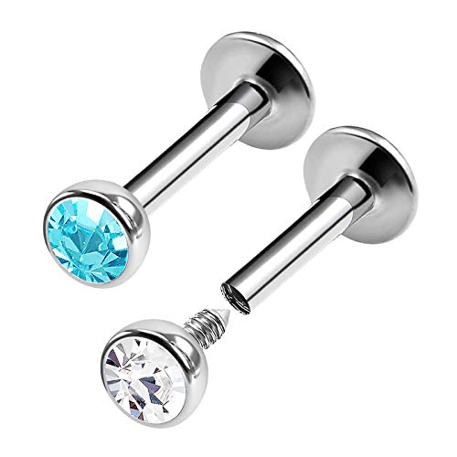 BanaVega 2PCS Steel Internally Threaded Labret Studs 16g 1/4 6mm 3mm Aquamarine Crystal Helix Earrings Monroe Piercing Jewelry 0414