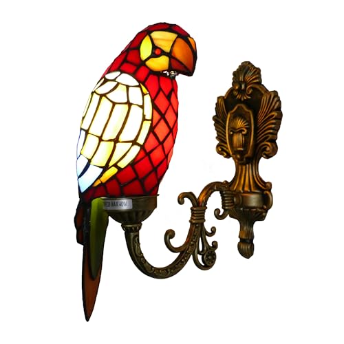 Image of Parrot Tiffany Wall Sconce Handmade Stained Glass with LED Bulb | Handmade parrot stained glass Tiffany wall sconce, vintage style, 1 light, LED bulb for living room bedroom hallway