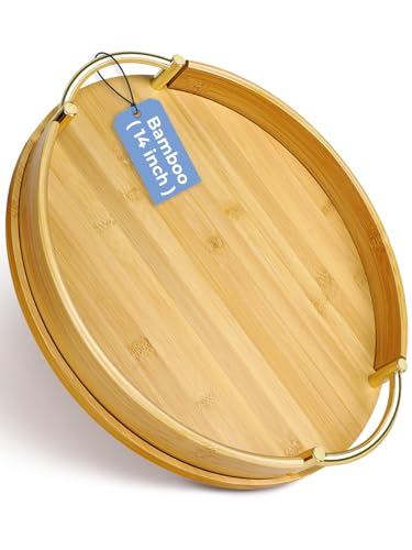 JUPELI 14″ Round Bamboo Serving Tray with Handles – Decorative Tray, Breakfast Tray, Coffee Table Tray, Ottoman Tray, Kitchen Platter for Drinks, Snacks, Vanity, Home Decor & Gifts