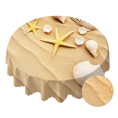 Yibeas Tablecloth Round Seashells on Sand Table Cloth Tropical Beach Marine Nature Starfish Sea Star Wave Sand Table Cover for Dining Room Kitchen Decoration 60inch