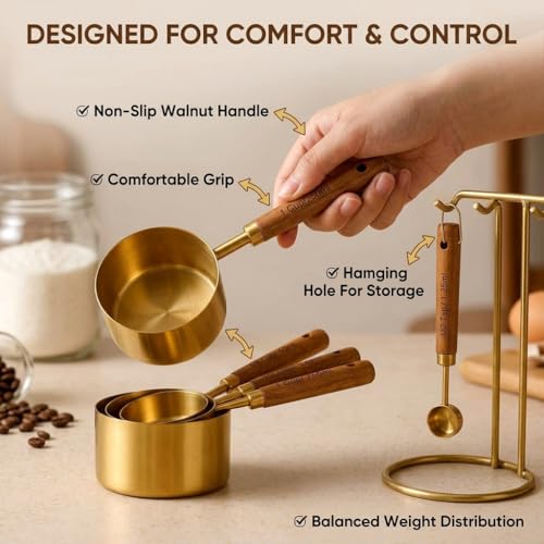 Image of Gold Stainless Steel Measuring Cups and Spoon Set | Wooden Handle Measuring Spoon Scoop Set | Measuring Cups and Spoons Set | Baking Utensils
