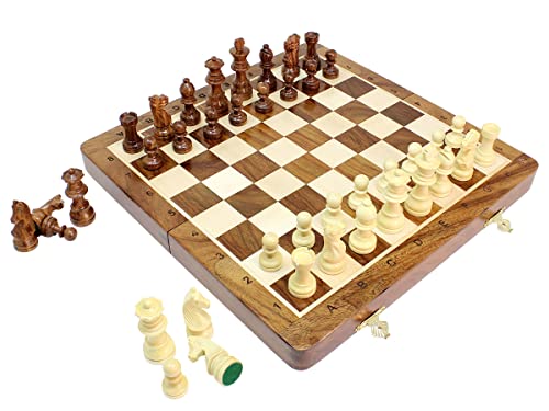 House of Chess - 12 Inches Wooden Magnetic Folding Travel Chess Set/Board - 2 Extra Knights, 2 Extra Pawns, 2 Extra Queens & Algebraic Notation - Handmade - Golden Rosewood