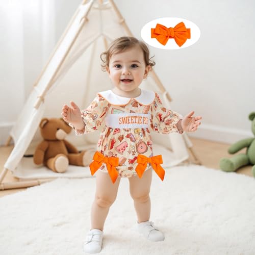 Thanksgiving Baby Girl Outfit Sweetie Pie Puff Long Sleeve Smocked Romper Cake Print Doll Collar Bodysuit Headband2