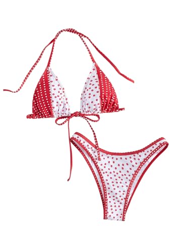 Image of WDIRARA Women's Floral Polka Dots Bikini Sets Triangle Halter String Swimsuit 2 Piece Bathing Suit