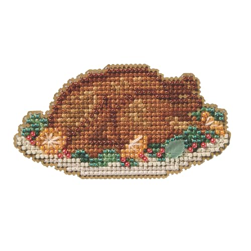 Image of Mill Hill Turkey Platter Beaded Counted Cross Stitch Ornament Kit 2025 Autumn Harvest MH182523, Multi, 3.36 x 1.71 Inches, Thanksgiving