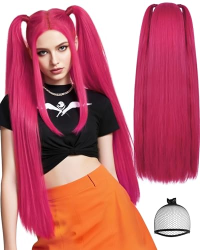 IMEYLE Rose Red Pink Wig with Bangs Long Straight Hot Pink Cosplay Wigs with 2 Ponytails Red Anime Wigs for Singers Cosplay Halloween Costume Outfit Party+Hair Cap