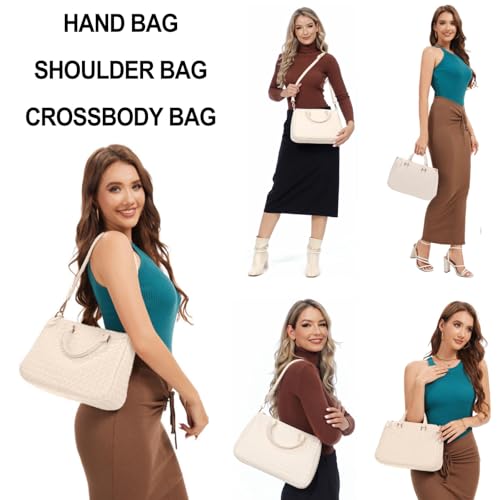 Bolso Tote tejido para mujer de cuero vegano beige miniatura 6
