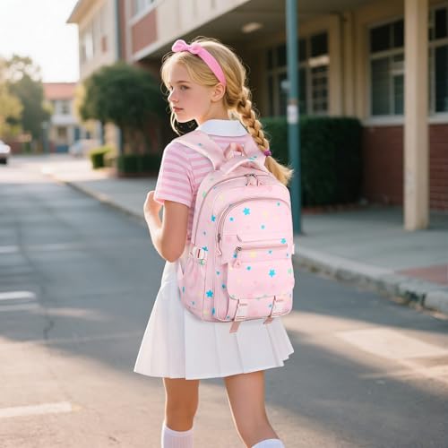 Image of RRTGNEI Kids High Middle School Backpack for Girls 5-12 Kawaii Travel Star Bookbag,Pink Star