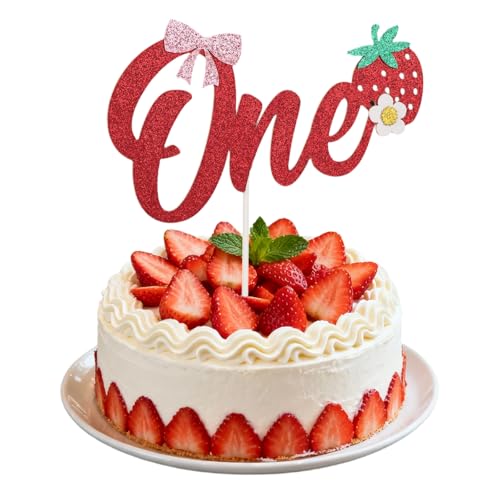 Strawberry One Cake Topper, Glitter Sweet 1st Berry Birthday Cake Decoration for First Birthday Baby Shower Party Celebrations Supplies