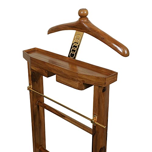 Image of BEVERLY STUDIO Natural Light brown Teak Wooden Sturdy Coat Stand /Cloth Hanger with Two Drawers(Length 47CM x Width 30CM x Height 104CM)