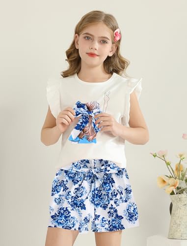 Image of Girls Summer Outfits Cute Sleeveless Top High Waisted Short Sets with Pockets Teen Girl Clothes Size 6-14 T