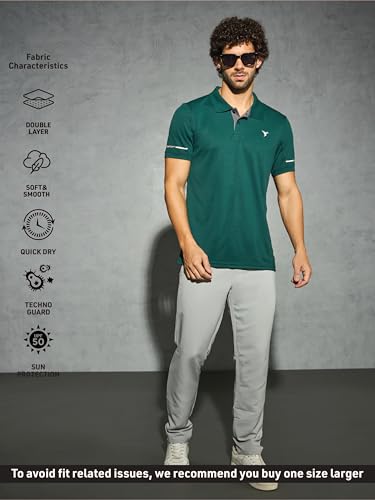 Image of TECHNOSPORT Men's Solid Slim Fit Polo Collar T-Shirt TECHNOCOOL+ Half Sleeve Button Polyester for Gym Running Workout UPF50+ Anti Odour