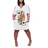 Short Sleeve Dresses for Women Playing Card Queen of Spades Printed Plus Size Sexy V-Neck Party Club Midi Pockets Dress Z White