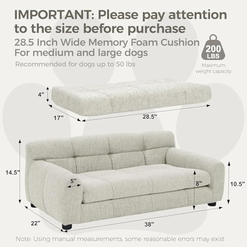 Image of Dog Couch Bed, 38 inch Sofa for Dogs with Backrest and Armrest, Durable Pet Sofa with Soft Foam Cushion, Elevated Dog Couch Bed with Legs for Medium Dogs, Beige