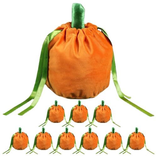 TENDYCOCO 10PCS Pumpkin Candy Bags Halloween Candy Bags Halloween Drawstring Goody Bags Velvet Trick or Treat Bags