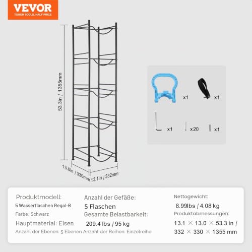 VEVOR Wasserkrughalter, 5 Gallonen Wasserflaschenhalter, einreihiges Wasserflaschenregal für 5 Flaschen, Wasserkrugregal 95 kg Gesamttragfähigkeit, für Küche, Büro, Wohnzimmer, Wasserflaschenhalter