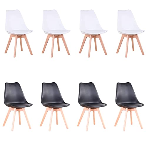 HJhomeheart Lot de 8 Chaises de Salle à Manger, Pieds en Bois Massif, Coussin de Chaise Amovible, Chaise de Cuisine, Chaise Moderne (Blanc+Noir-8)