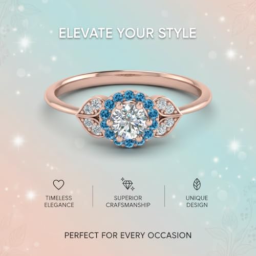 Image of Rose Gold Plated Diamond CZ & Blue Sapphire Petal Halo Engagement Ring for Women, Petite Round Shape Wedding & Everyday Jewelry, Handmade Gift for Wife US Size 4-12
