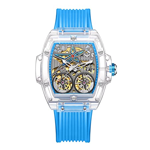 Montre mécanique automatique en forme de tonneau avec grand cadran et bracelet en silicone pour homme, bleu, Sangle