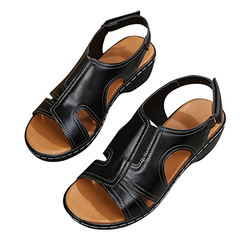 MEIYOUMK 2025 Sandalias Mujer Verano Cómodo Ortopédico Zapatos Antiderrapantes Transpirable Sandalias Y Pies Bohemia Punta Abierta Sandalia Con Tacón Plataforma Comfy Semi Trailer, Le Noir A, 38 EU