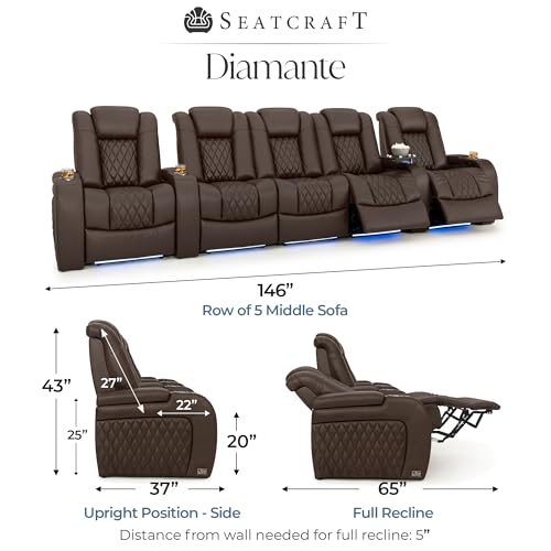Image of Seatcraft Diamante Brown Italian Leather Home Theater Seating, Zero Gravity Power Recliner Gaming and Home Office Chair, Powered Headrest Lounge Sofa Furniture for Cinema Room, Row of 5 Sofa