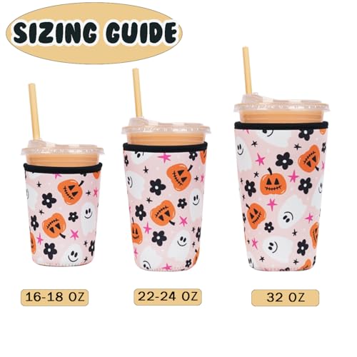 Image of Reusable Insulated Neoprene Iced Coffee Cup Sleeve, Durable Drink Sleeve for Cold Beverages, Beverage Holder for Iced Coffee, Hello Pumpkin