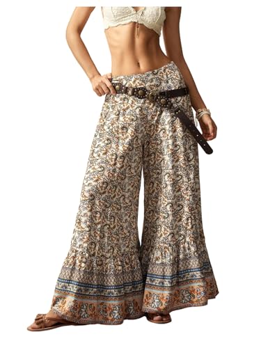 Women's Boho Hippie Palazzo Pants Ruffle Hem Flowy Pant Elastic Waist Wide Leg Summer Vacation Trousers
