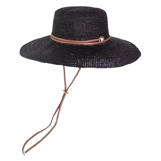 Sensi Studio, Lampshade Cordovan Crochet Long Brim Hat, Small, Black Straw / Camel Leather Band