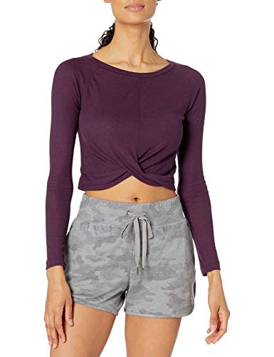 Amazon Brand - Core 10 Women's Ultra-Lightweight Semi-Sheer Ribbed Knit Knot Front Cropped Long Sleeve Yoga Shirt, Blackberry, Small