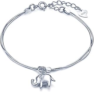 Infinite U Women Girls Charm Bracelet 925 Sterling Silver, Cute Elephant bangle, Lucky Four-leaf Clover bangle, Adjustable Hand Link, Double Chains Extension, Silver