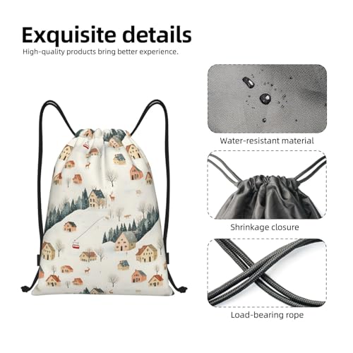 Drawstring Backpack - Winter Cable Car Elk Print Sports Gym Sackpack String Bag For Women Men, Lightweight Draw String Back Bag For Workout Travel3