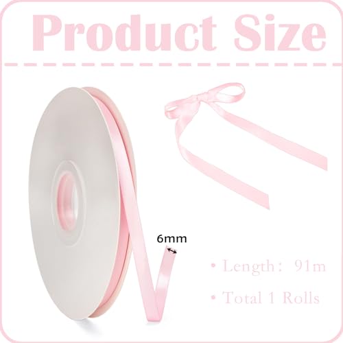 POPOYU Pink Satin Ribbon 6mm for Gift Wrapping Crafting, Party Cake Decoration, 91M Polyester Ribbon for Balloons Hair Bows - Image 2