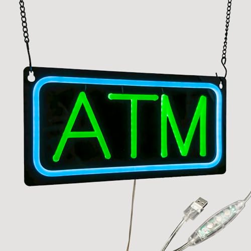 Image of ATM Neon Sign, Small Size, 12 inchx6 inch, USB Powered, 9 Levels of Brightness, Signboards for Convenience Store, Gas Station, Liquor Shop, Mini Market, Wall Window Decor for Storefront (Green, Black Acrylic)