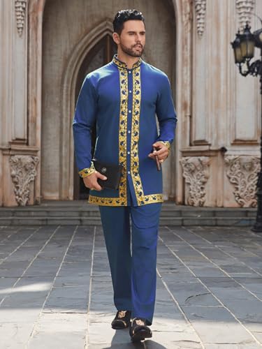 Daupanzees Men's African 2 Piece Set Luxury Traditional Suit Gold Print Dashiki Shirt and Pants Outfit2