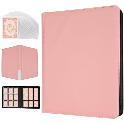 FLAIR GIFTS Pink Toploader Card Binder 9-Pocket Zippered Album with 20 Sleeves Holds 360 Toploaders Thermo PU Leather Acid-Free Collector Organizer for Pokemon Sports Cards TCG & K-pop Photocards