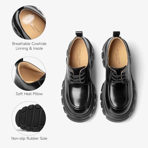 Image of BEAU TODAY Platform Oxfords for Women, Oxford Shoes for Women, Chunky Leather Lace Up Oxfords,Casual Comfortable Breathable Non-Slip Dress Shoes for Work Business