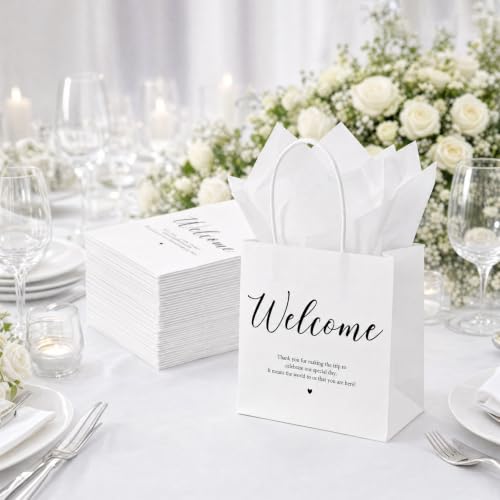 Silkfly 24 Pack Mini Wedding Welcome Gift Bags Small White Paper Bags with Handles Tissue Paper Party Gift for Wedding Guests Hotel Bridal Baby Shower Engagement Birthday Party