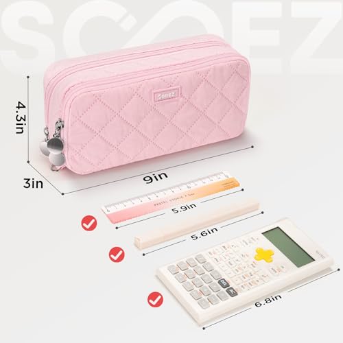 Image of Sooez Large Pencil Case Pouch, Extra Big Pencil Bag with 8 Compartments, Pen Bag Wide Opening, Soft Quilted Pencil Pouch Organizer with Zipper, Portable Pencil Case for Teen Girls, Pink