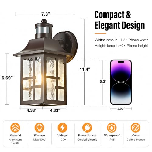 Image of OKELI Outdoor Wall Lights with Motion Sensor, Exterior Waterproof Lantern, Front Porch Sconce Lighting with Water Ripple Glass Shade, Anti-Rust Wall Lamps Outside Lights for Garage (Brown-2pack)