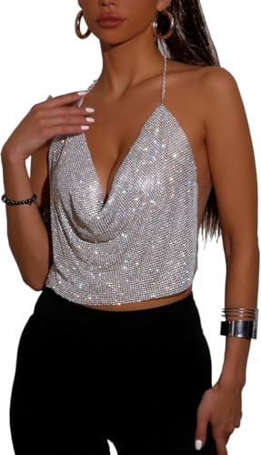 PartyArt Women Rhinestone Tops Sparkly Sexy Deep V Backless Crop Top Sleeveless Hanging Neck Metal Chain Club Party Clubwear