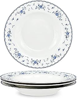 fanquare 21.8cm Wide and Shallow Soup Bowls Set of 4, Porcelain Blue and White Soup Plates Set, Pasta Bowls for Housewarming Gifts