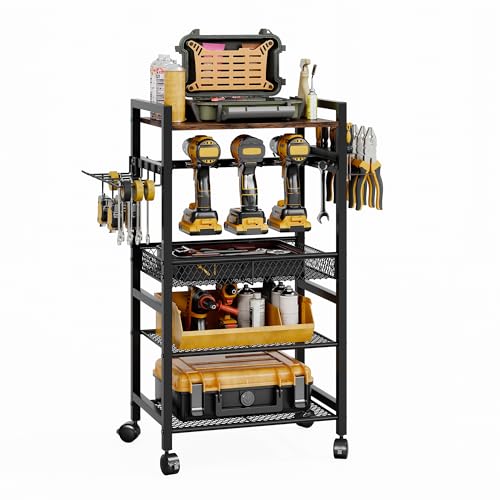 Image of YUJSBHJAN Power Tool Organizer Cart with 4 Wheels,Heavy Duty Utility Rack whth 6 Hooks,Floor Standing Rolling Tool Cart,Black