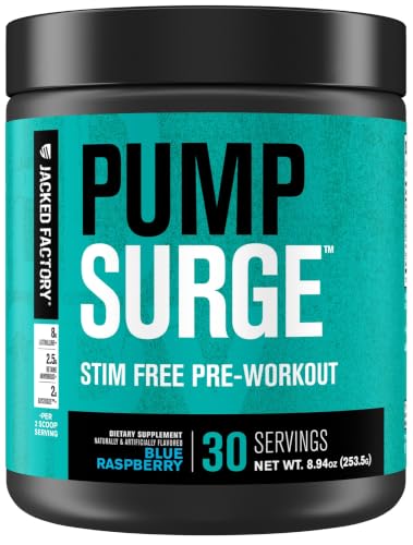 Image of Jacked Factory Pumpsurge Caffeine Free Pre Workout for Men & Women - Nootropic Booster & Stim Free Pre Workout - Intense Pumps, Enhanced Focus - 30 Servings, Blue Raspberry